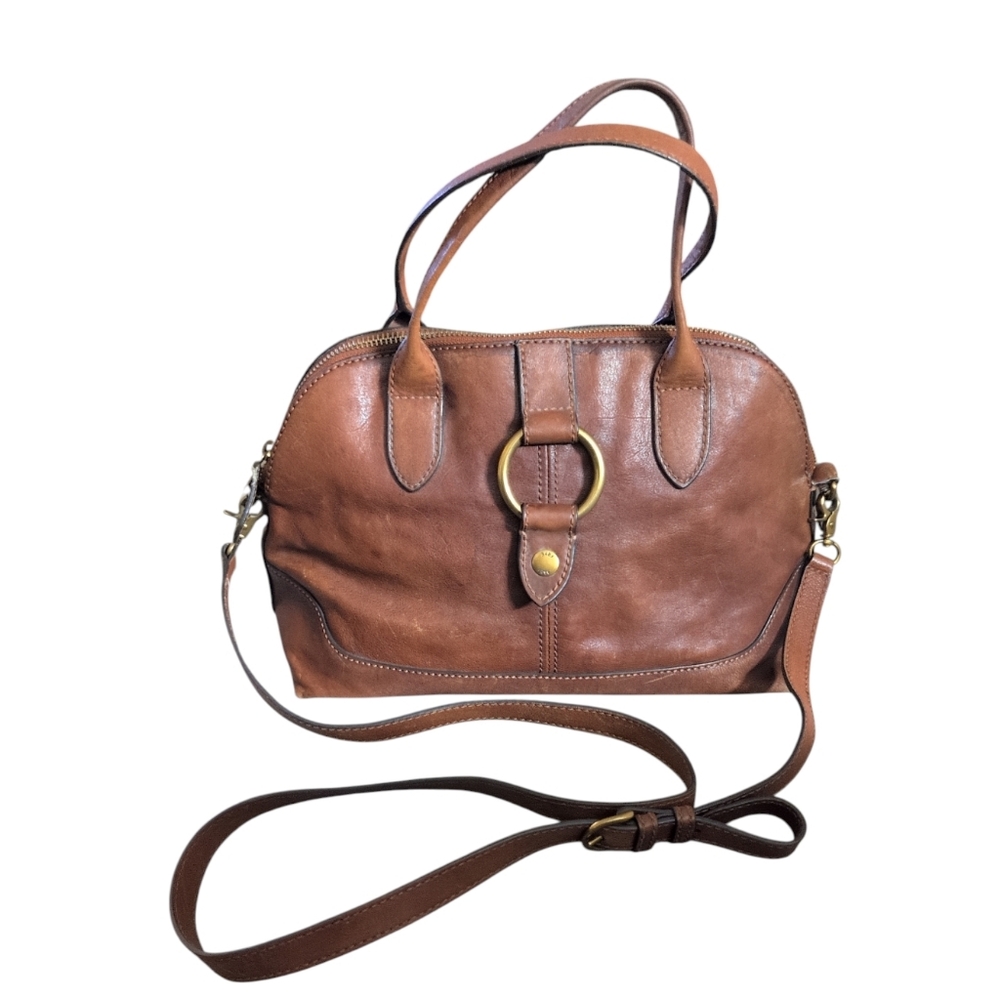 FRYE Woman's Cognac Brown Leather Dome Ring Satchel Convertible Crossbody Purse